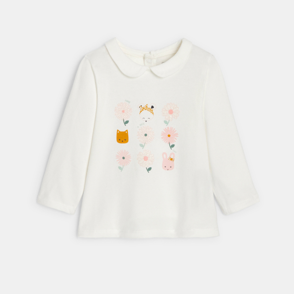 تي شيرت أبيض بياقة "كلودين" للفتيات الصغيرات